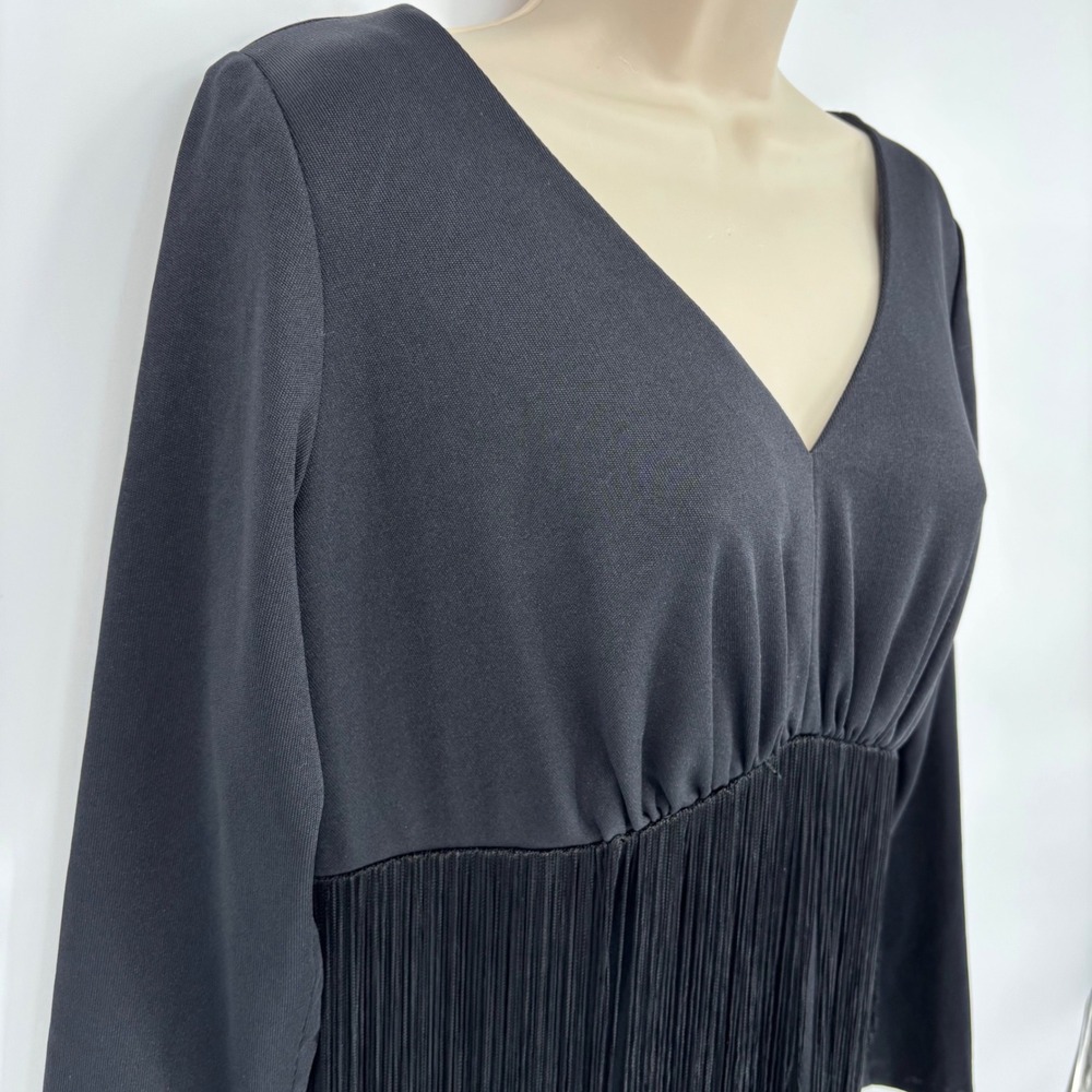 Vintage Claralura Original Black Fringe Maxi Dress V-Neck Long Sleeve Sz L